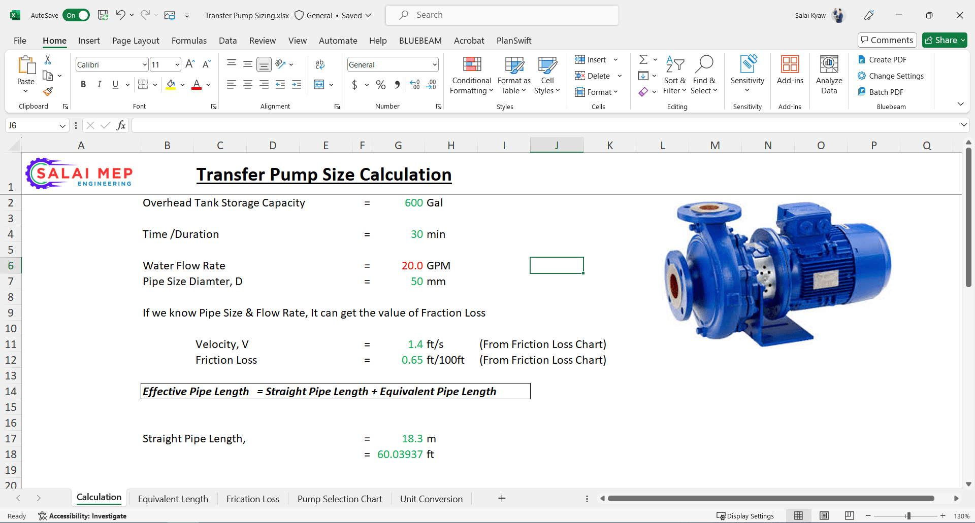 Transfer Pump Size Calculation Sheet
